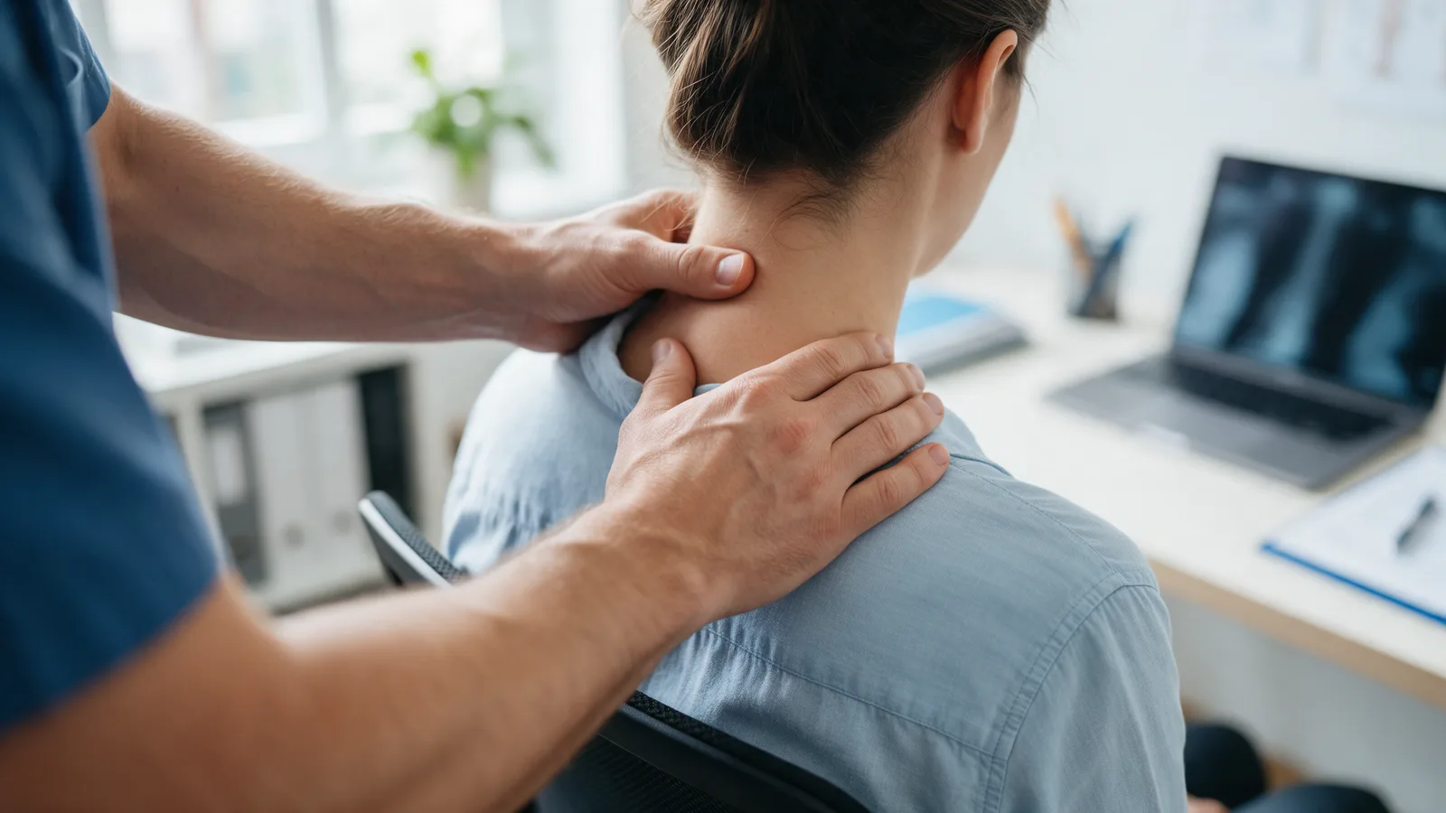 A chiropractor's hands assessing the neck and shoulder of a seated office worker