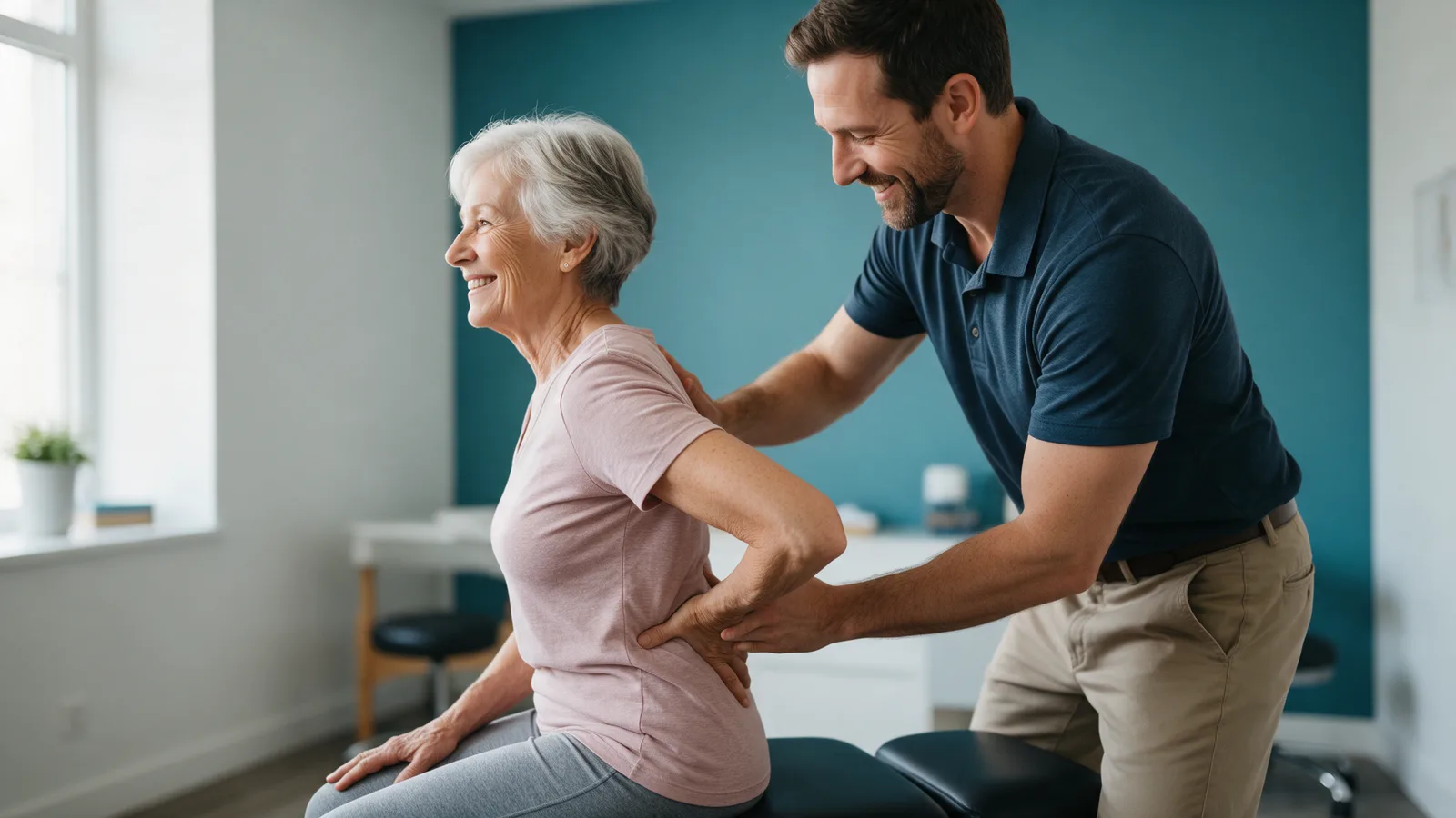A chiropractor guiding a woman in her seventies through a gentle seated back stretch, both smiling