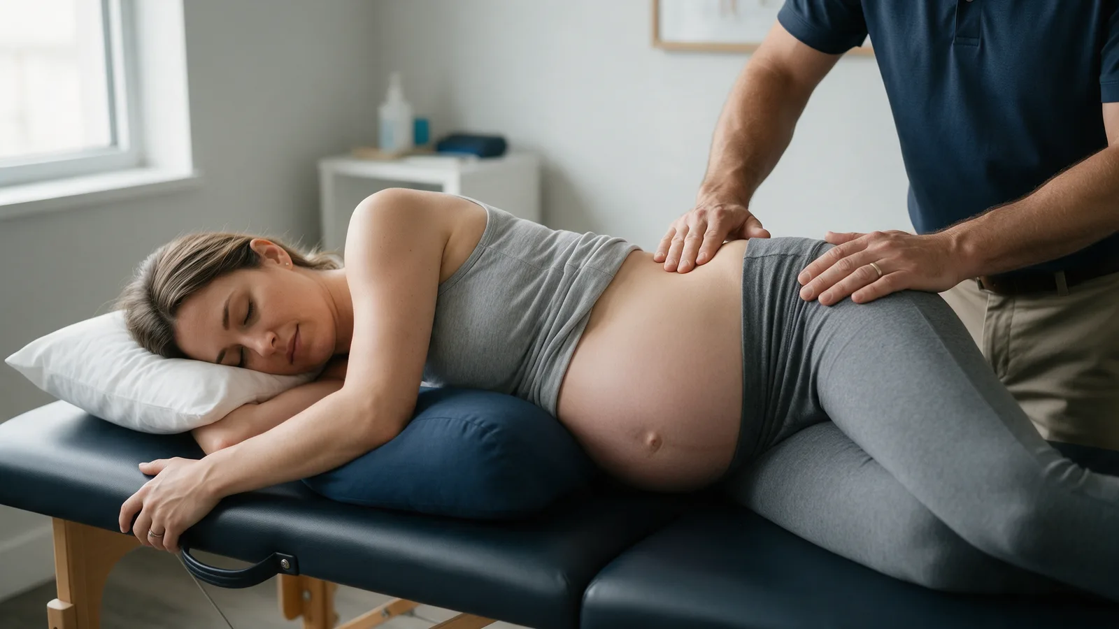 A pregnant woman lying on her side on a treatment table with a support cushion while a chiropractor gently assesses her lower back