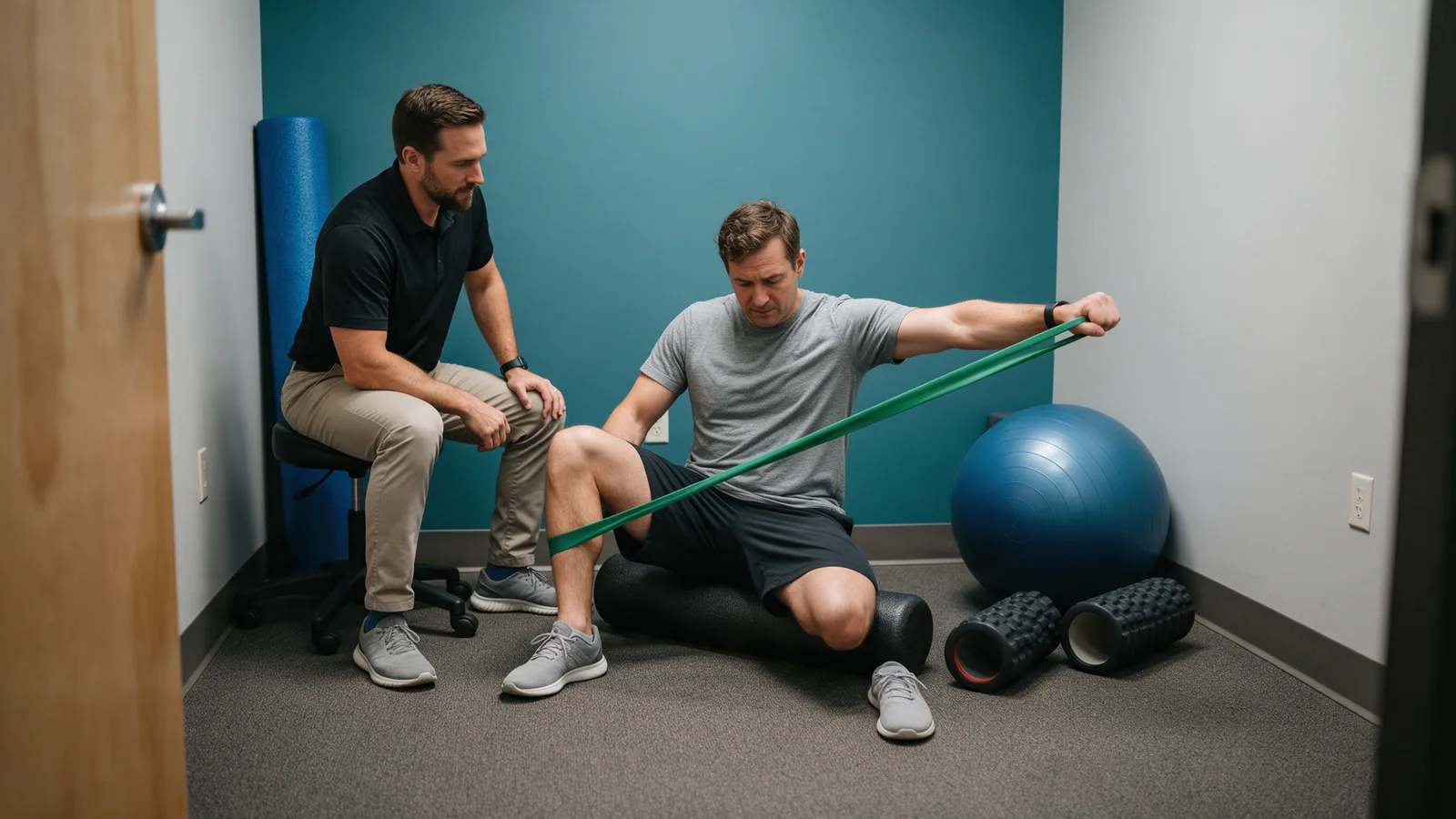 A patient doing a resistance-band rehabilitation exercise in a clinic rehab corner with foam rollers and a Swiss ball