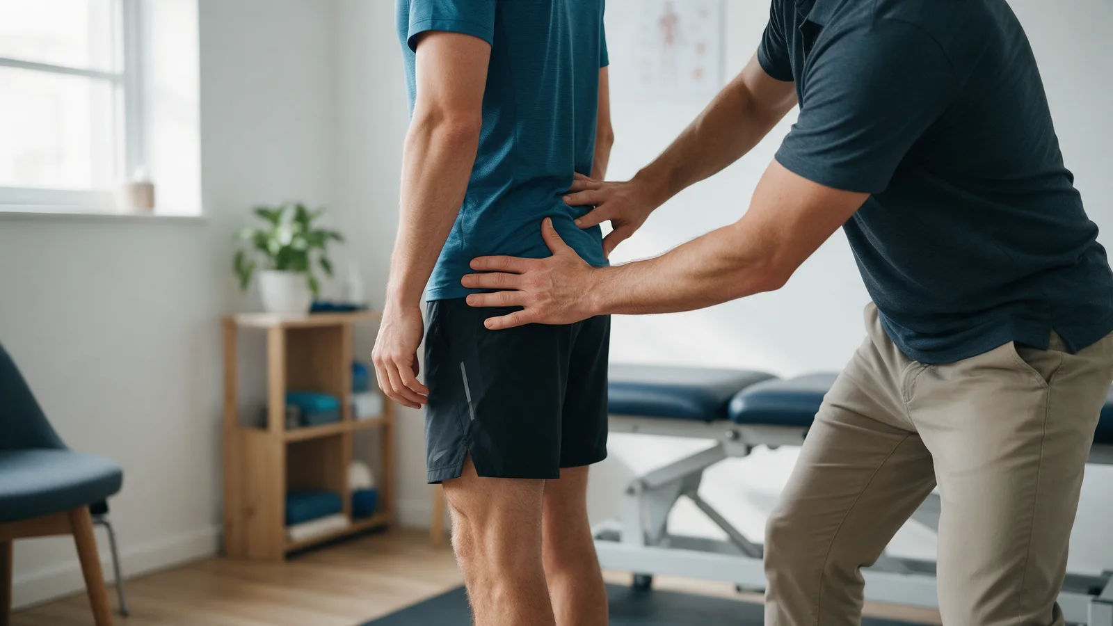 A chiropractor assessing the hip and knee alignment of a runner in sports kit standing in a bright clinic room