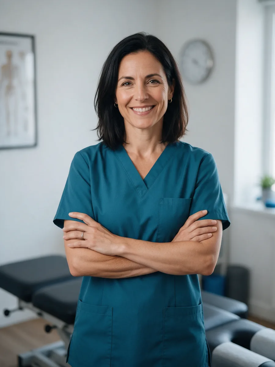 Elin Morgan, a chiropractor in her forties in a teal tunic, arms folded, smiling in a bright clinic room
