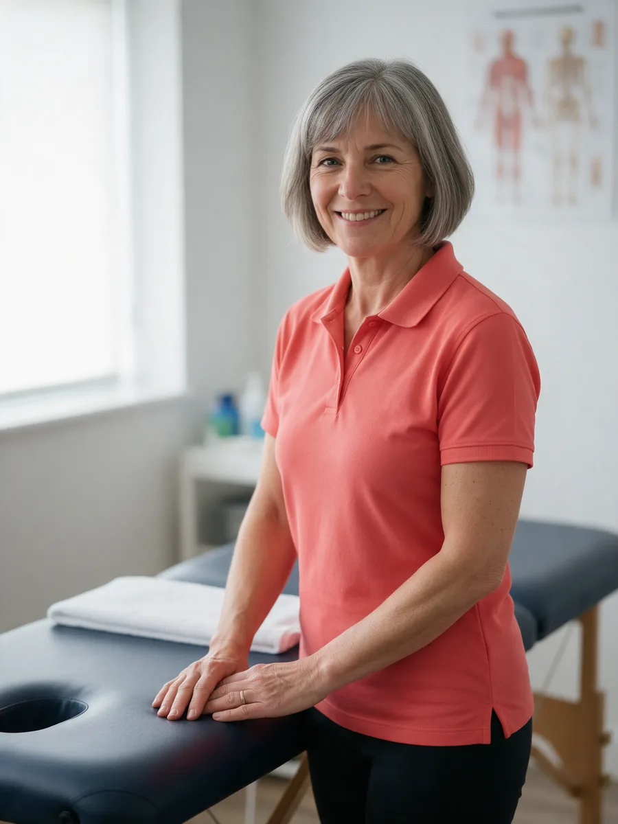 Helen Price, a sports massage therapist in her fifties with a grey bob and a coral polo shirt, standing by a treatment table