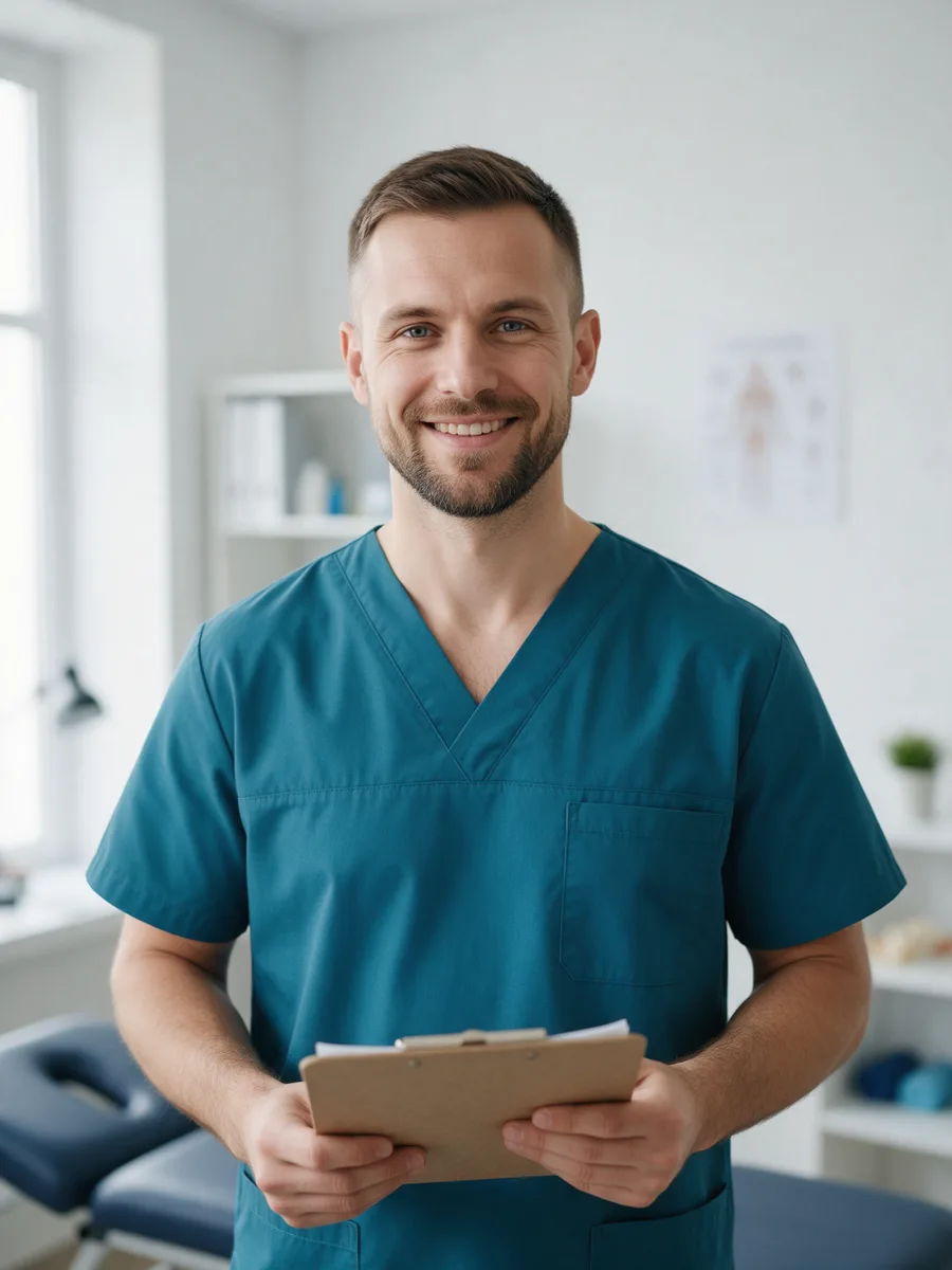 Owen Hughes, a chiropractor in his thirties with a trimmed beard in a teal tunic, holding a clipboard