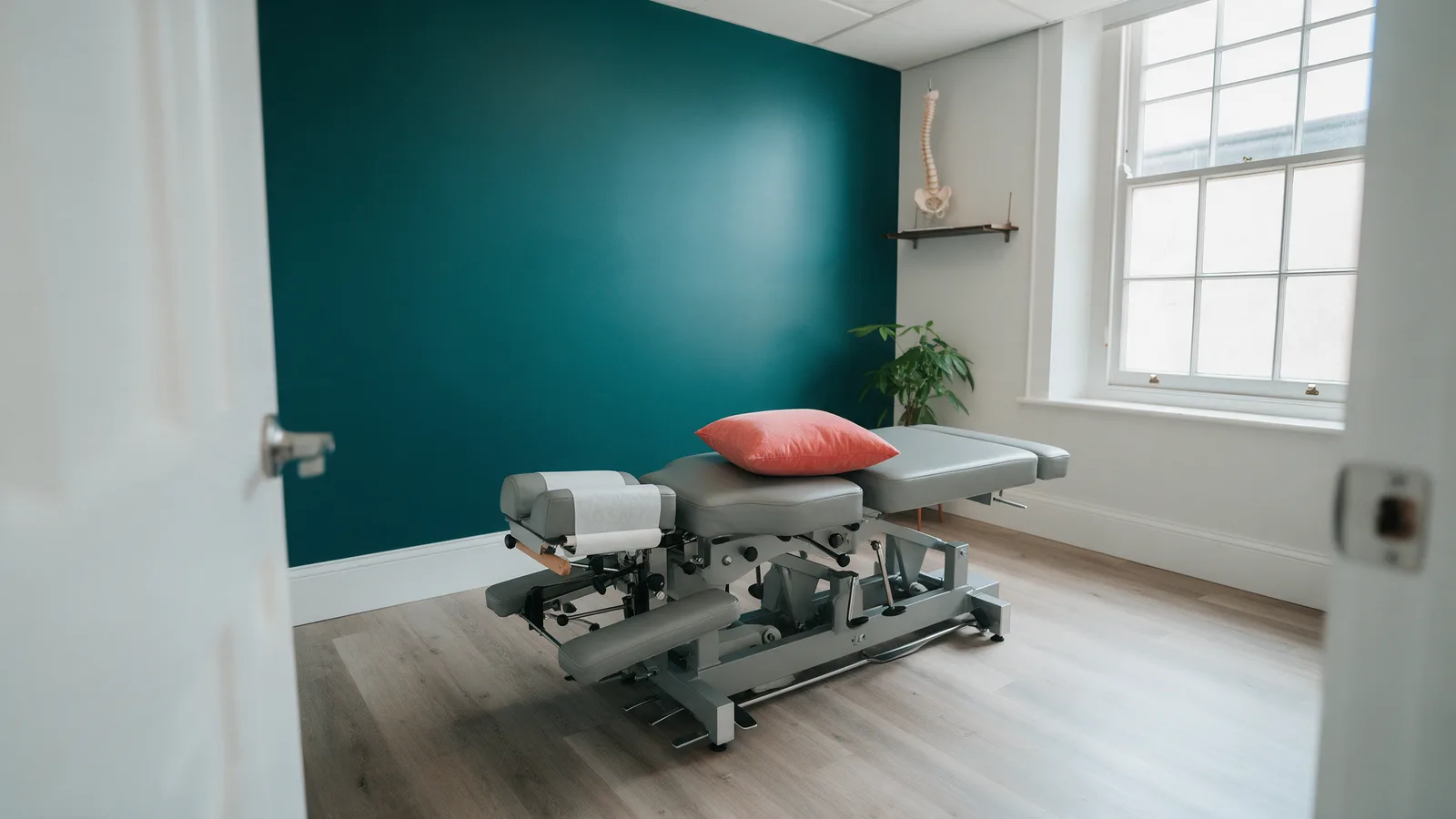 A bright chiropractic treatment room: grey adjusting table, deep teal wall, a coral cushion, a plant and a spine model by a sash window