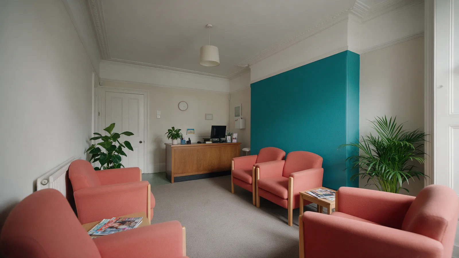 The clinic waiting room: coral armchairs, a teal wall, a wooden reception desk and plants