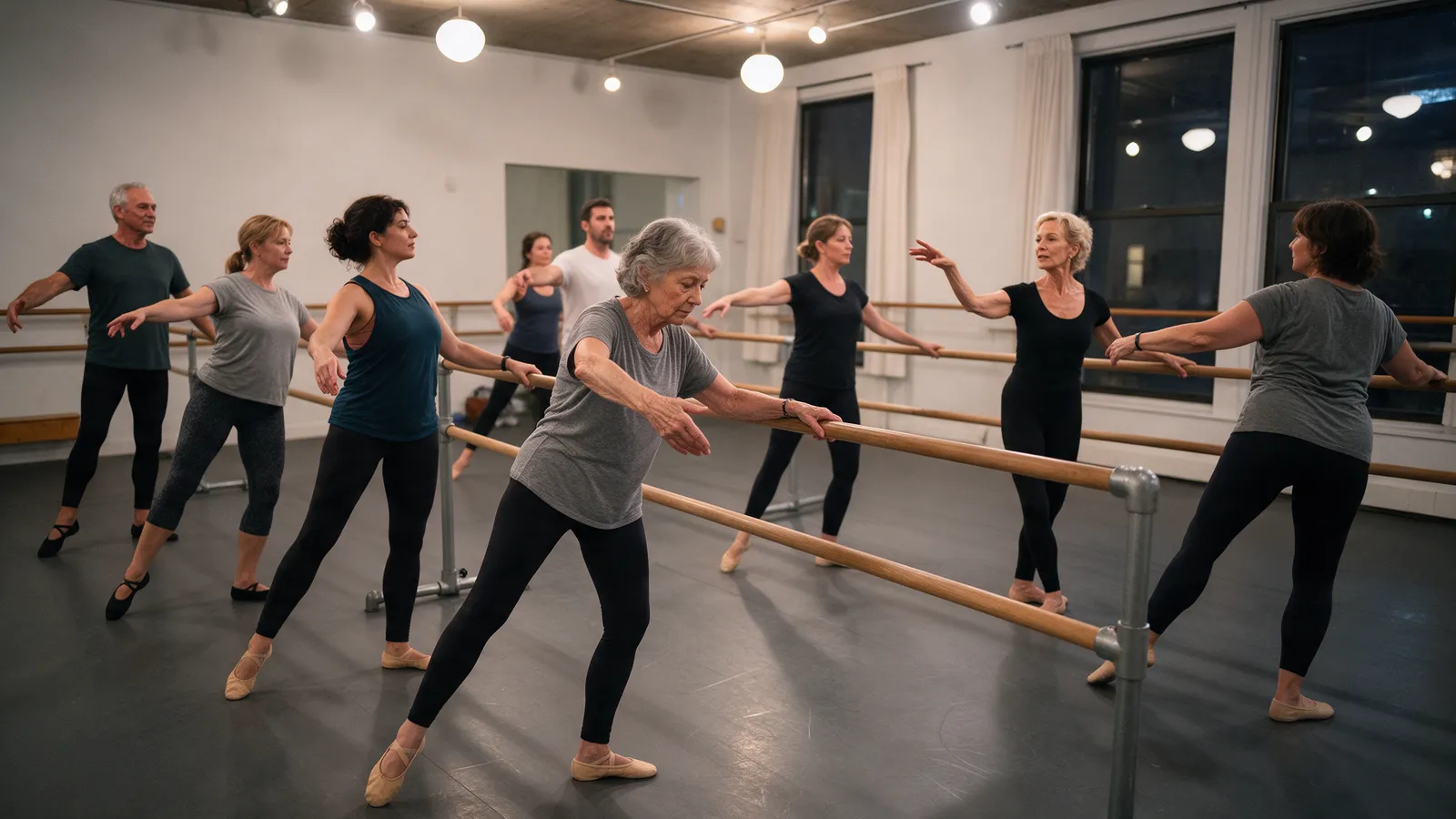 Eight adults of mixed ages in leggings and T-shirts at a ballet barre on a weekday evening, a woman in her sixties concentrating on a plié, the teacher demonstrating