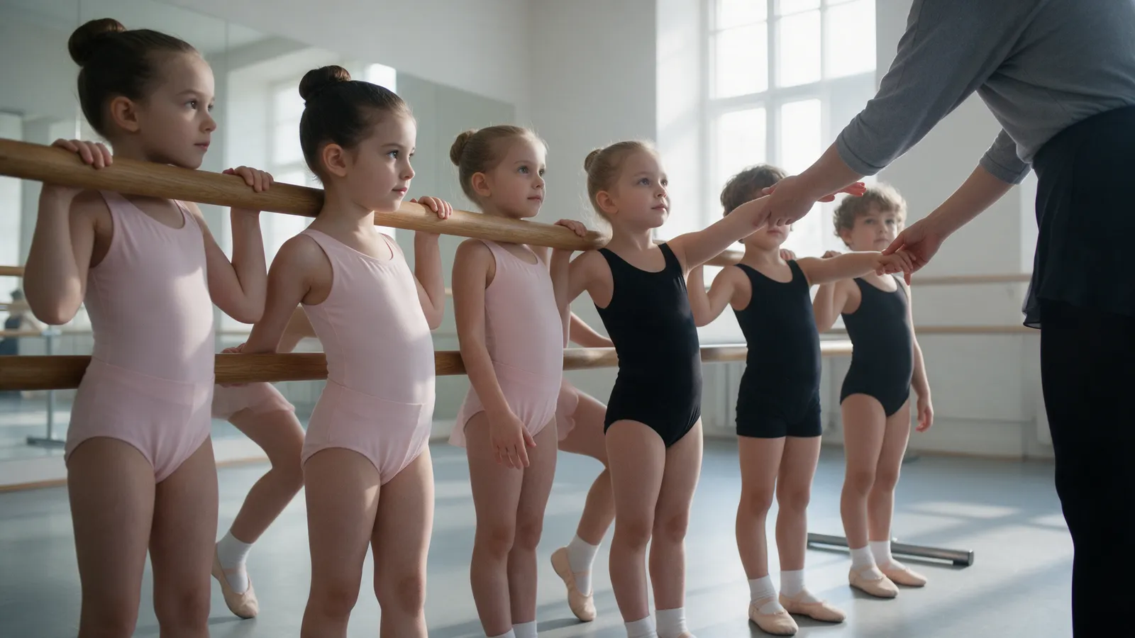 Six girls and a boy aged about six in pale pink and black leotards at a wooden barre, a teacher correcting an arm in a bright studio with mirrors