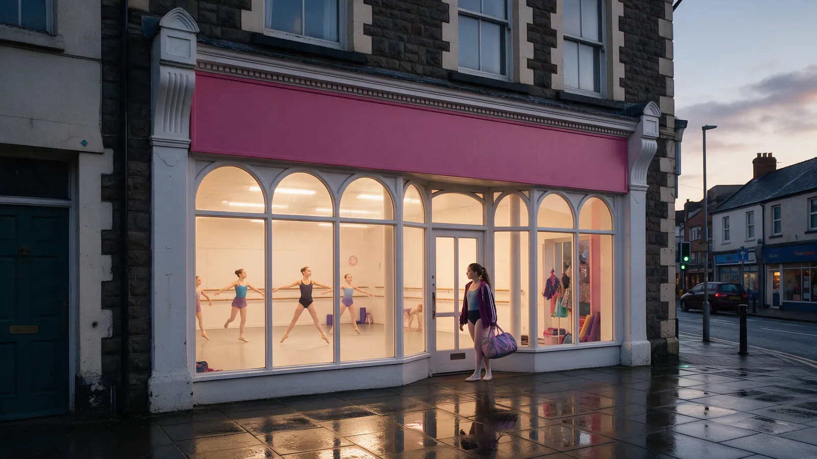 The front of a dance school in a converted Victorian shop with tall arched windows glowing at dusk and a plain hot-pink fascia, a girl with a dance bag at the door