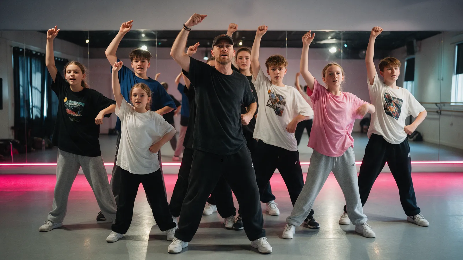 Eight teenage dancers in baggy T-shirts and joggers hitting a freeze pose in a mirrored studio with a hot-pink light strip, a male teacher in a cap at the front