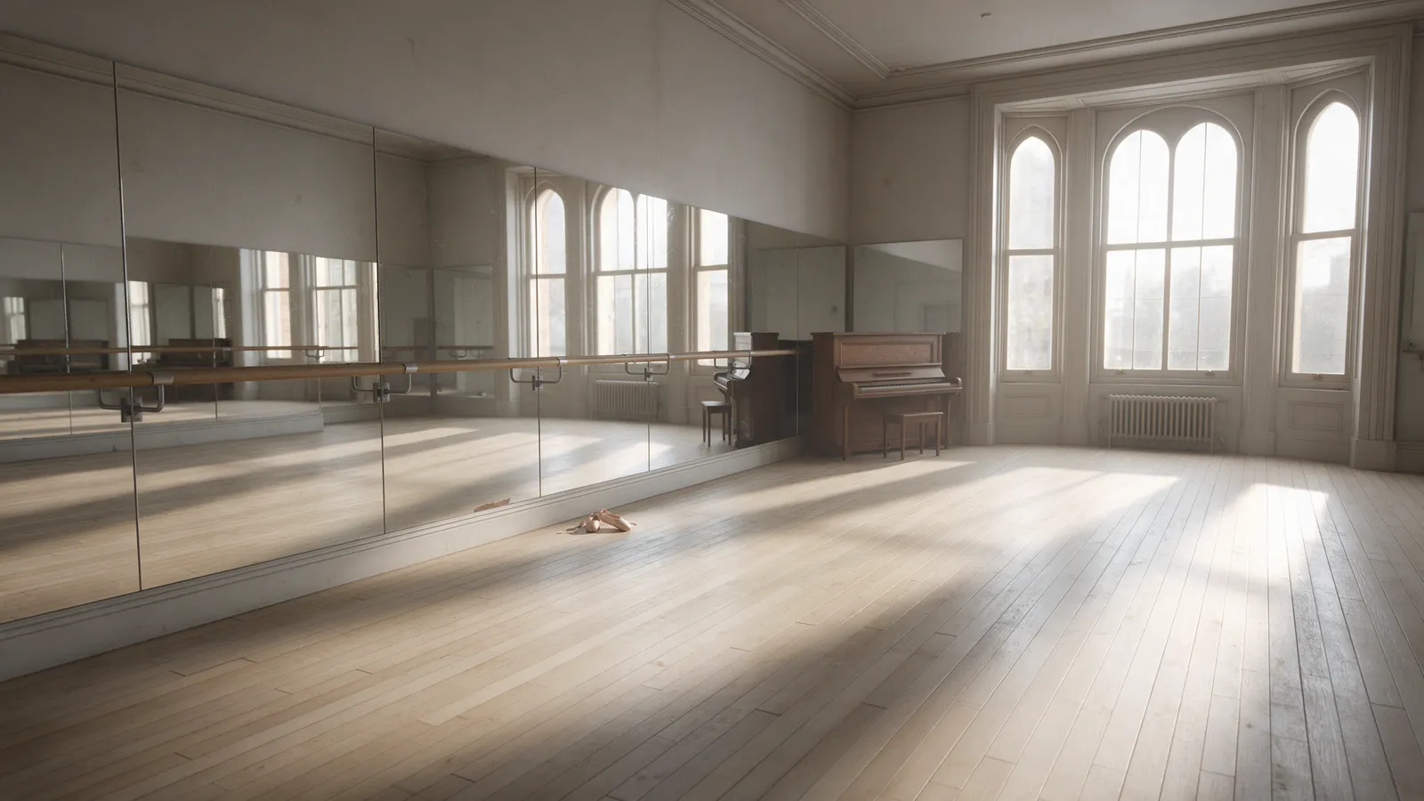 An empty dance studio in the morning with a pale sprung floor, a long barre, mirrors, an upright piano and tall arched windows