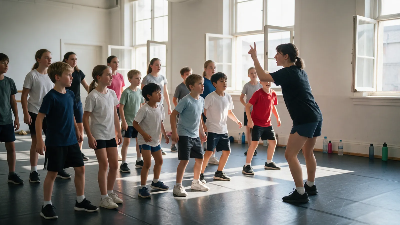 Children aged eight to fourteen learning a routine in a bright studio with the windows open