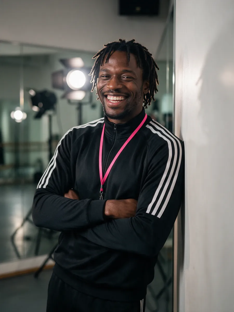 Marcus Bennett, a Black British man in his early thirties with short locs in a black tracksuit top, leaning against a mirrored studio wall with a wide grin