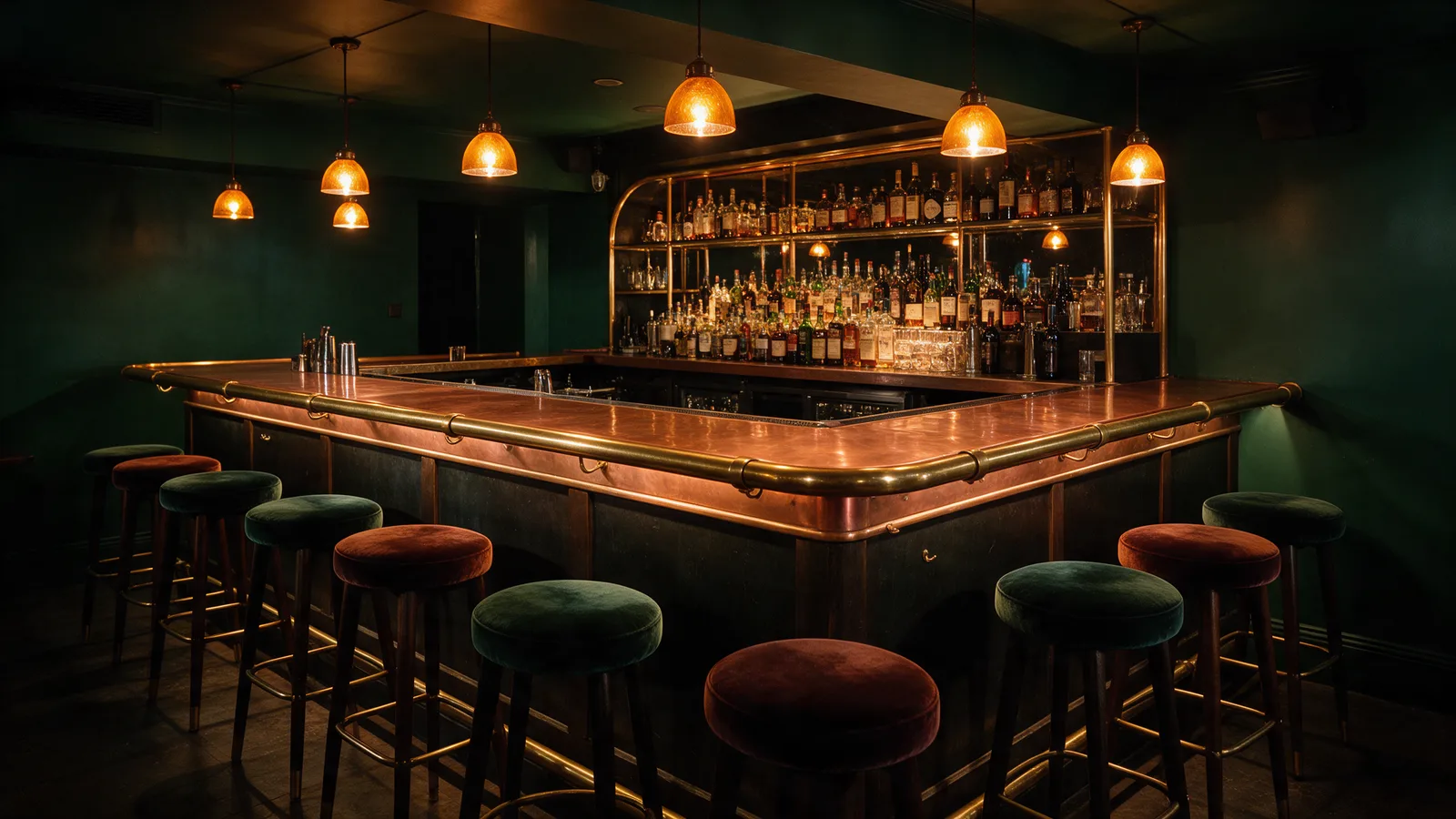 The bar at night: deep green walls, a long copper-topped bar with brass rails, amber pendant lights and velvet stools
