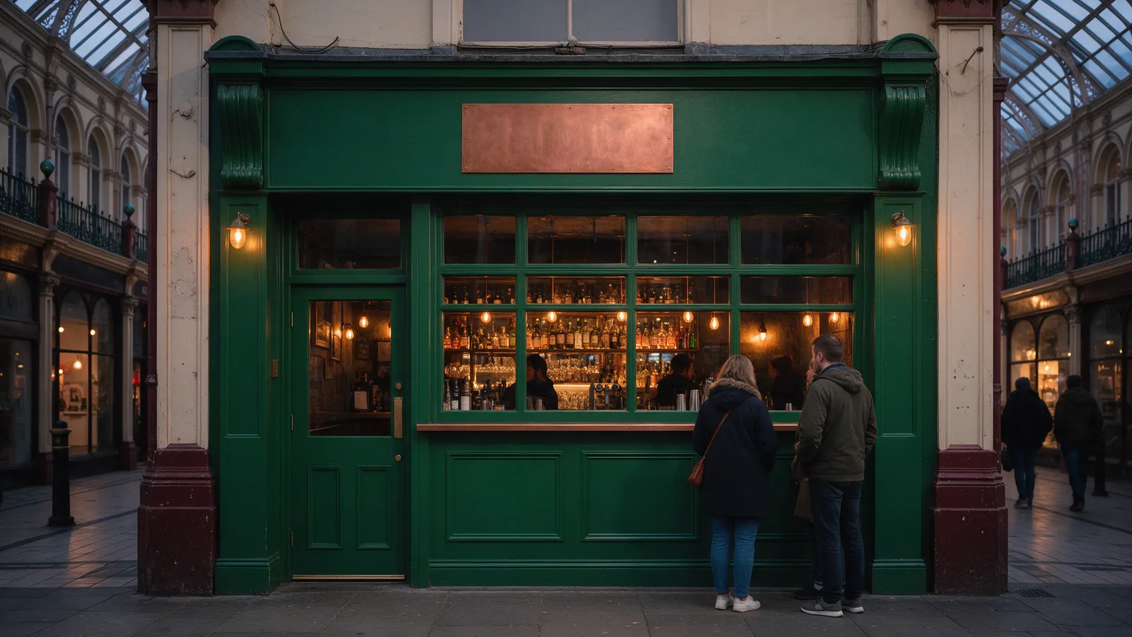The bar's frontage at dusk in a Victorian arcade: deep green paint, a copper panel and a warm glow through the window