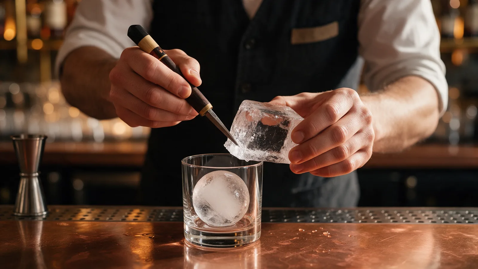 A bartender carving a clear ice block with a pick and placing a sphere into a rocks glass