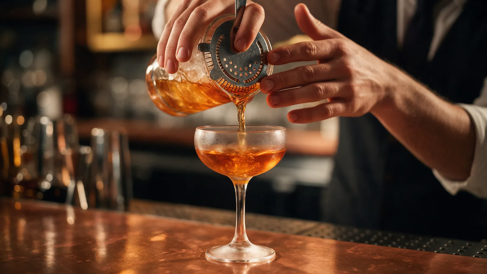 A bartender pouring a stirred cocktail from a mixing glass through a strainer into a chilled coupe on a copper bar