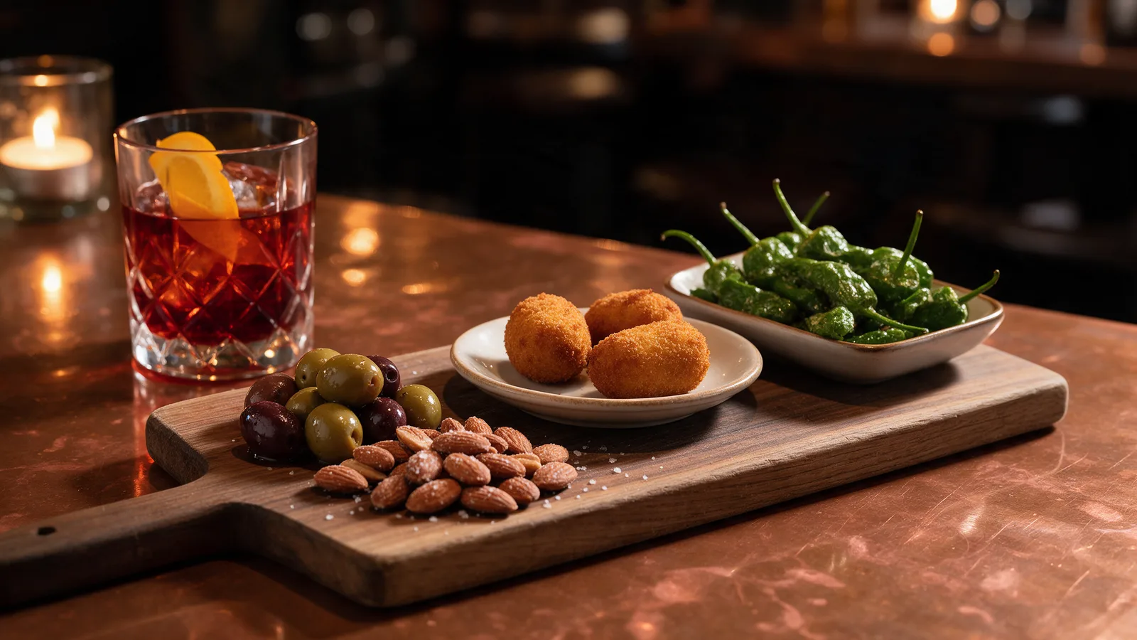 A snack board of olives, almonds, croquetas and padron peppers beside a negroni by candlelight
