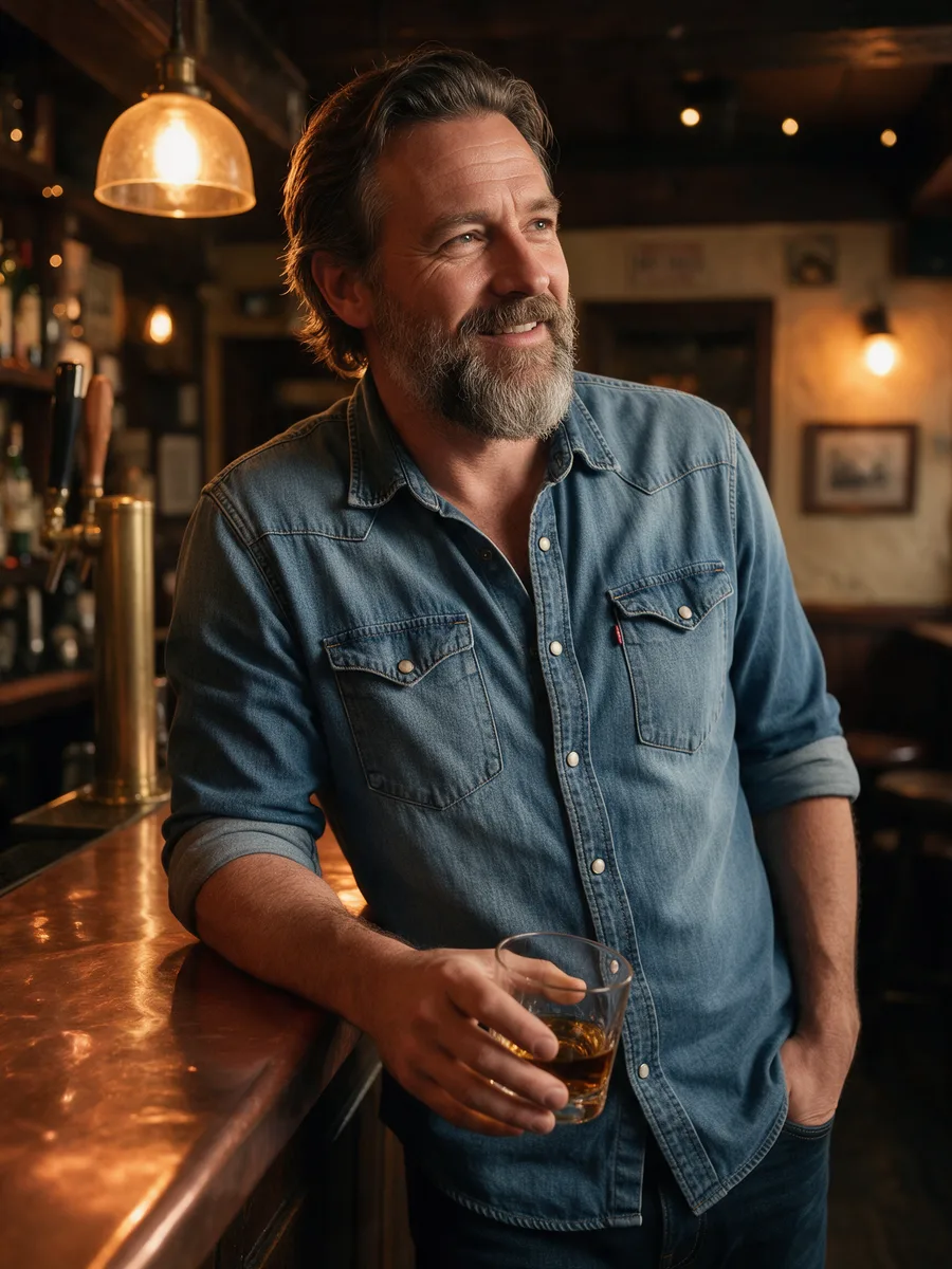 Huw Bevan, a bar owner in his forties with a grey beard and rolled-sleeve denim shirt, leaning on the copper bar with a glass of whisky