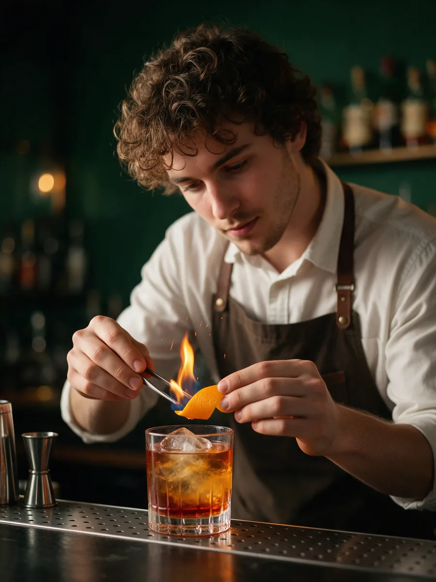 Leo Martin, a young bartender with curly hair and an apron, garnishing a cocktail with a flamed orange peel