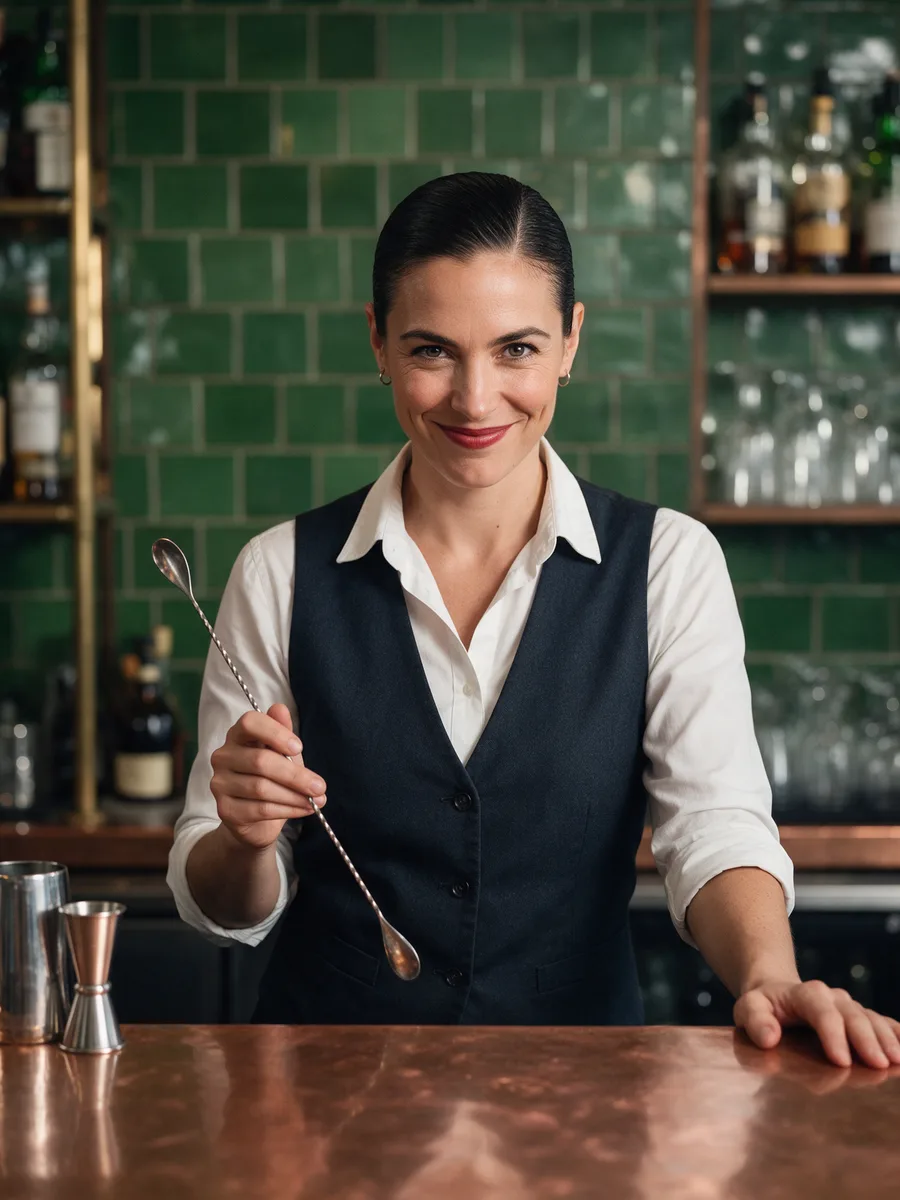 Nia Rowlands, a head bartender in her thirties with slicked-back dark hair, white shirt and dark waistcoat, holding a bar spoon behind the copper bar