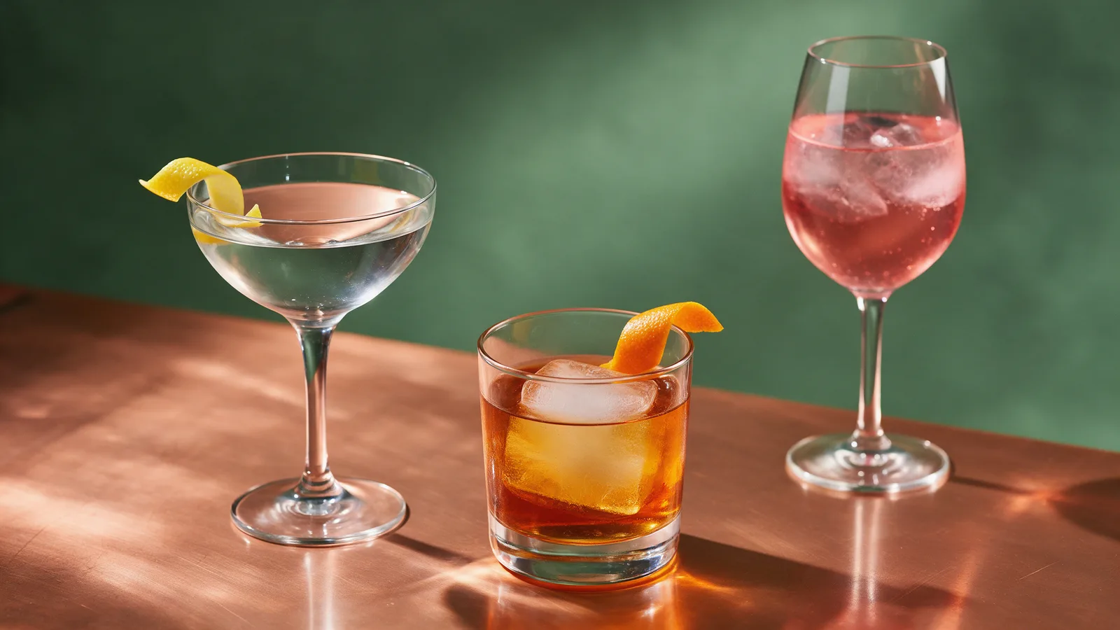 Three cocktails on a copper bar: a martini with a twist, an old fashioned over a large clear ice cube, and a pink spritz