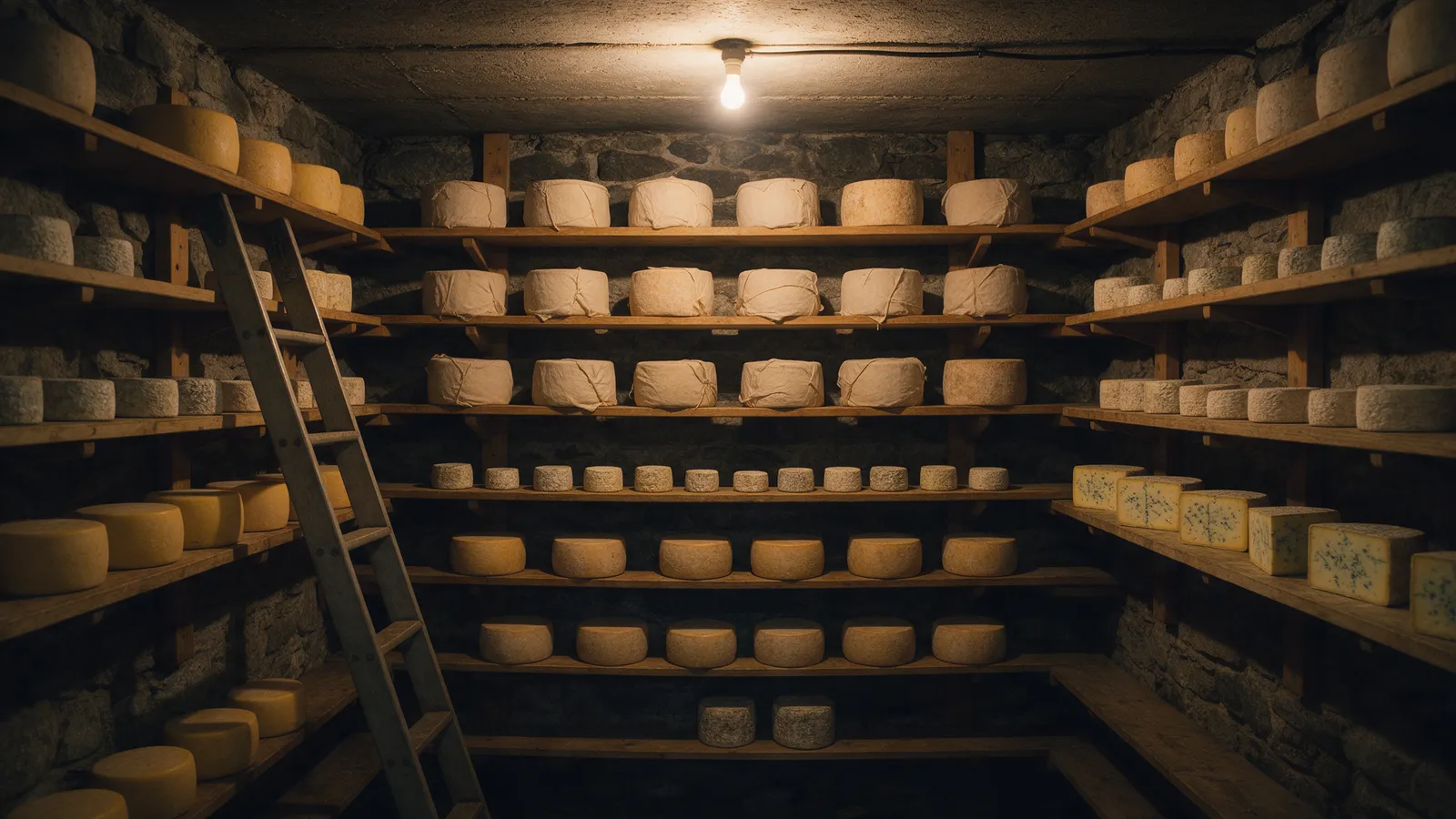 A cool stone cheese cellar with wooden shelves of whole cheese wheels and truckles maturing, cloth-bound cheddars, a ladder and a single warm bulb