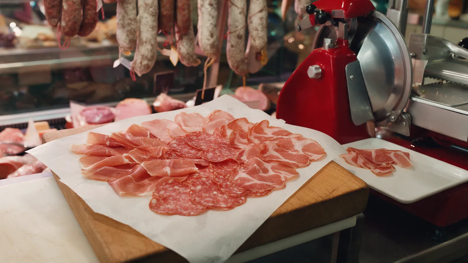 Thin slices of cured ham, salami and coppa fanned on waxed paper beside a red slicing machine, cured sausages hanging behind