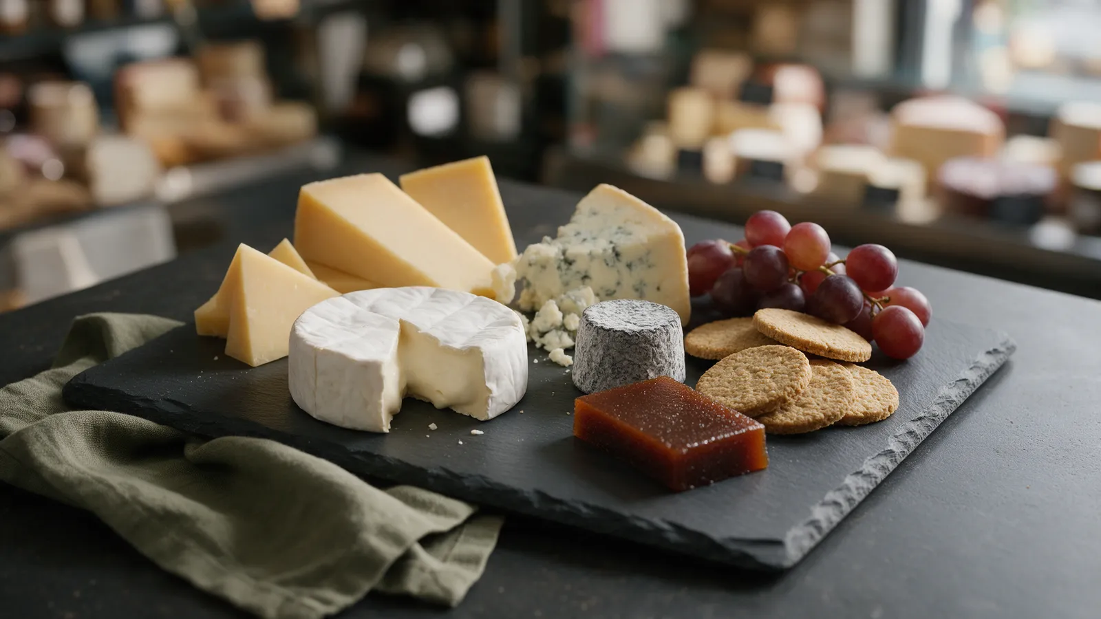 A cheese board on slate with wedges of hard cheese, a soft white-rind round cut open, a crumbly blue and a goat's cheese log, with quince paste, oatcakes and grapes