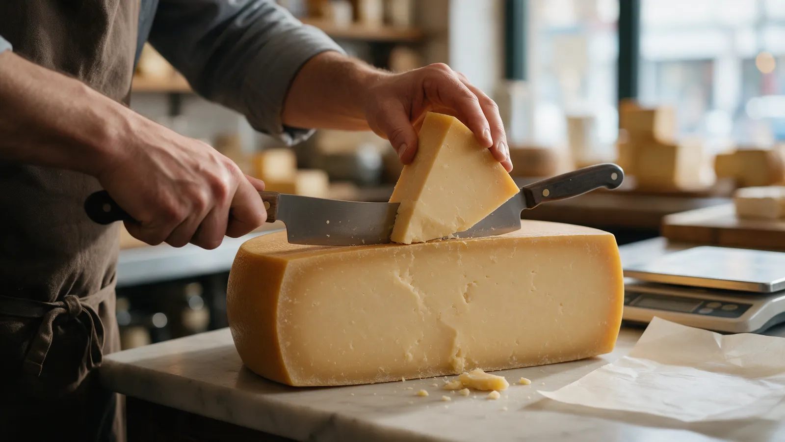 A cheesemonger cutting a wedge from a large wheel of hard cheese with a two-handled knife on a marble counter