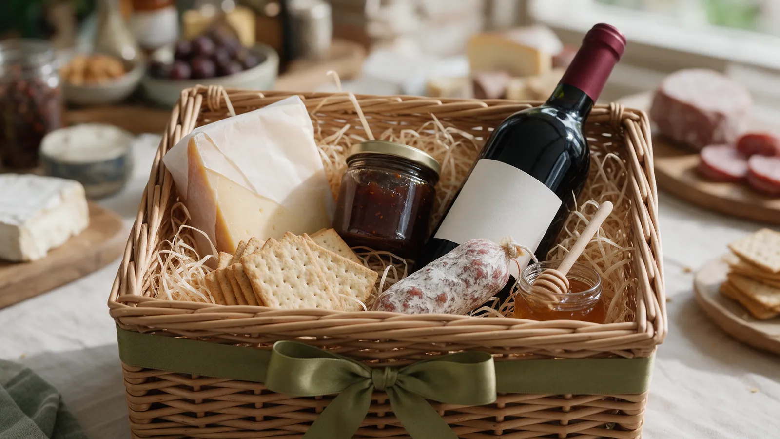 A wicker hamper packed with a wedge of cheese in waxed paper, a jar of chutney, a bottle of red wine, crackers, a cured sausage and a pot of honey, tied with olive ribbon