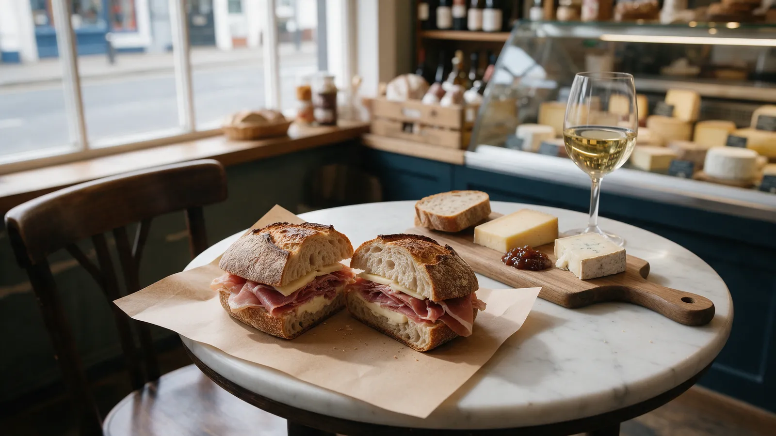 A sourdough sandwich of cured ham and cheese cut in half on brown paper beside a small lunch board with cheese, chutney and bread and a glass of white wine on a café table by a window