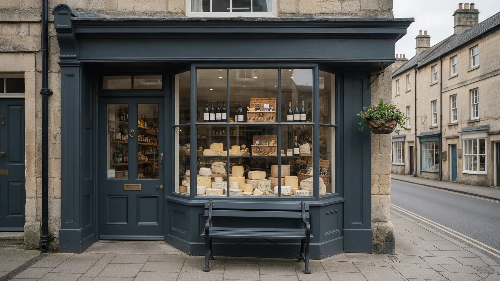 An ink-grey painted delicatessen front on a Georgian stone high street with a bay window of cheeses, hampers and bottles, a bench and a hanging basket
