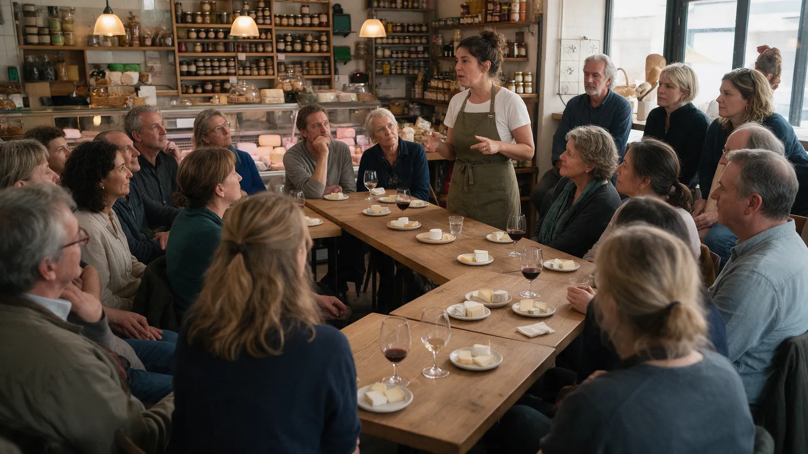 A tasting evening in a delicatessen: about twenty people around pushed-together tables with small plates of cheese and glasses of wine, a woman in an olive apron talking at the head of the table