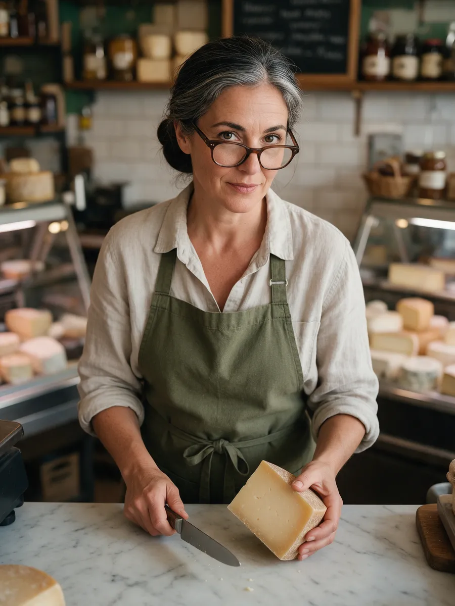 Ffion Hughes, a woman in her early fifties with silver-streaked dark hair in a low bun and reading glasses pushed up, in a linen shirt and olive apron, holding a wedge of cheese behind a marble counter