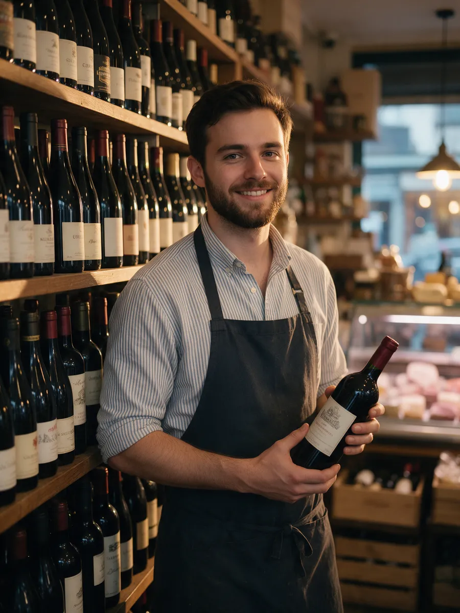 Rhys Morgan, a man in his late twenties with a neat beard, in a striped shirt with rolled sleeves and a dark apron, holding a bottle of red wine by a wall of wine shelves