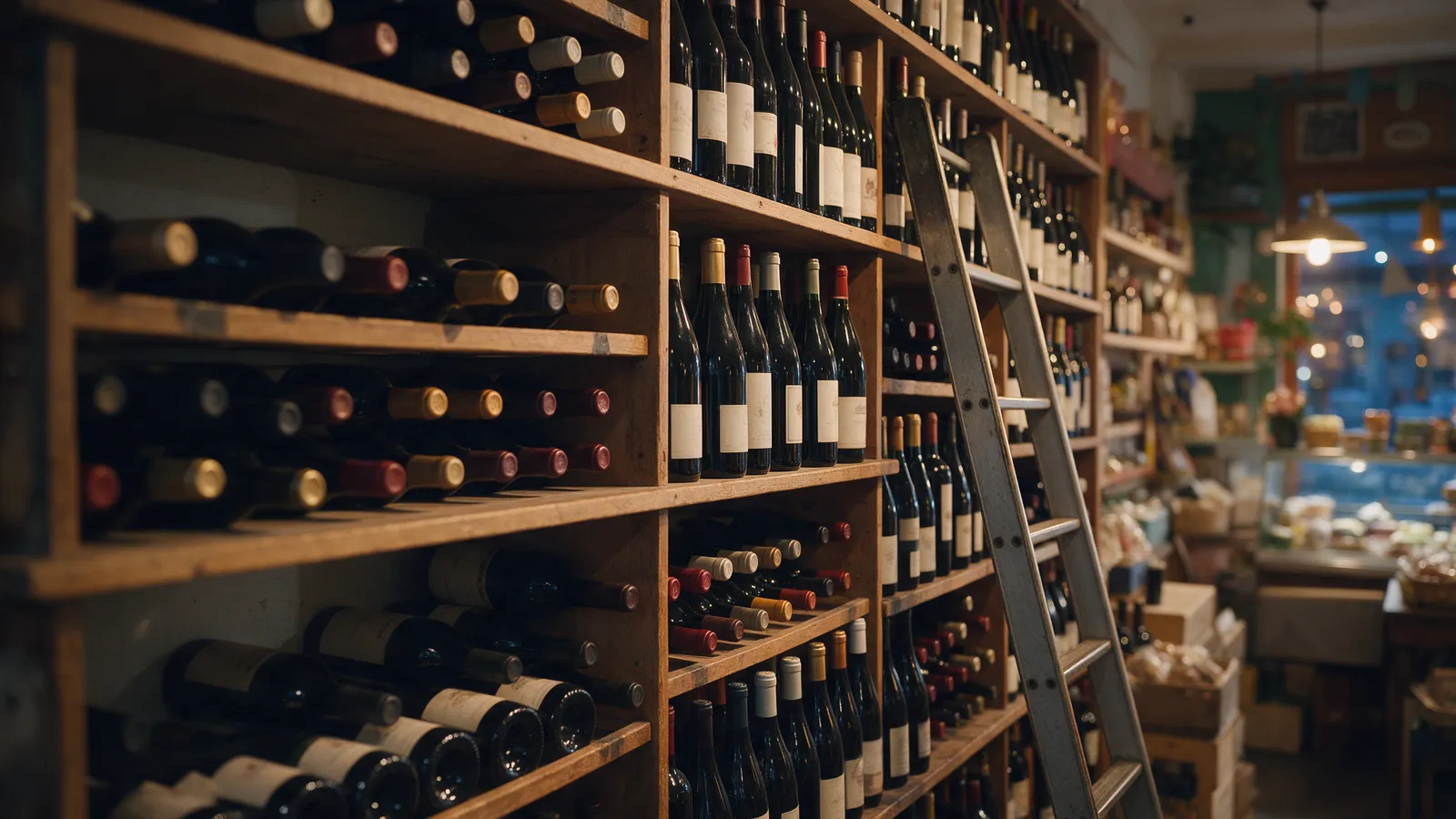 A wall of wooden shelves holding wine bottles in a small delicatessen, a ladder against the shelves, warm lamp light