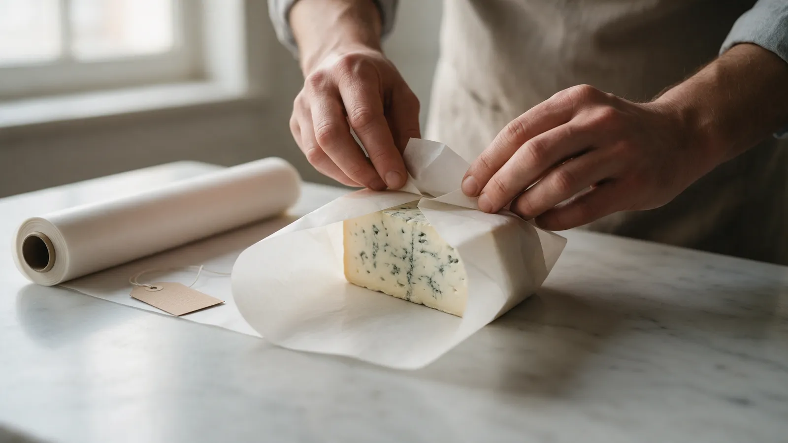 A cheesemonger's hands wrapping a wedge of blue cheese in waxed paper on a marble counter
