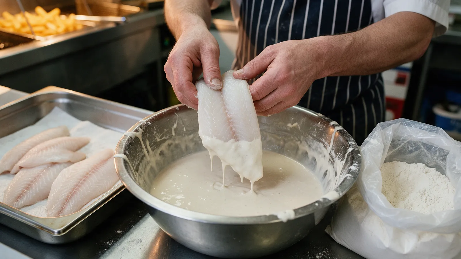 A cook dipping a skinned white fish fillet into a steel bowl of thick pale batter, batter dripping, a tray of fillets and a bag of flour beside