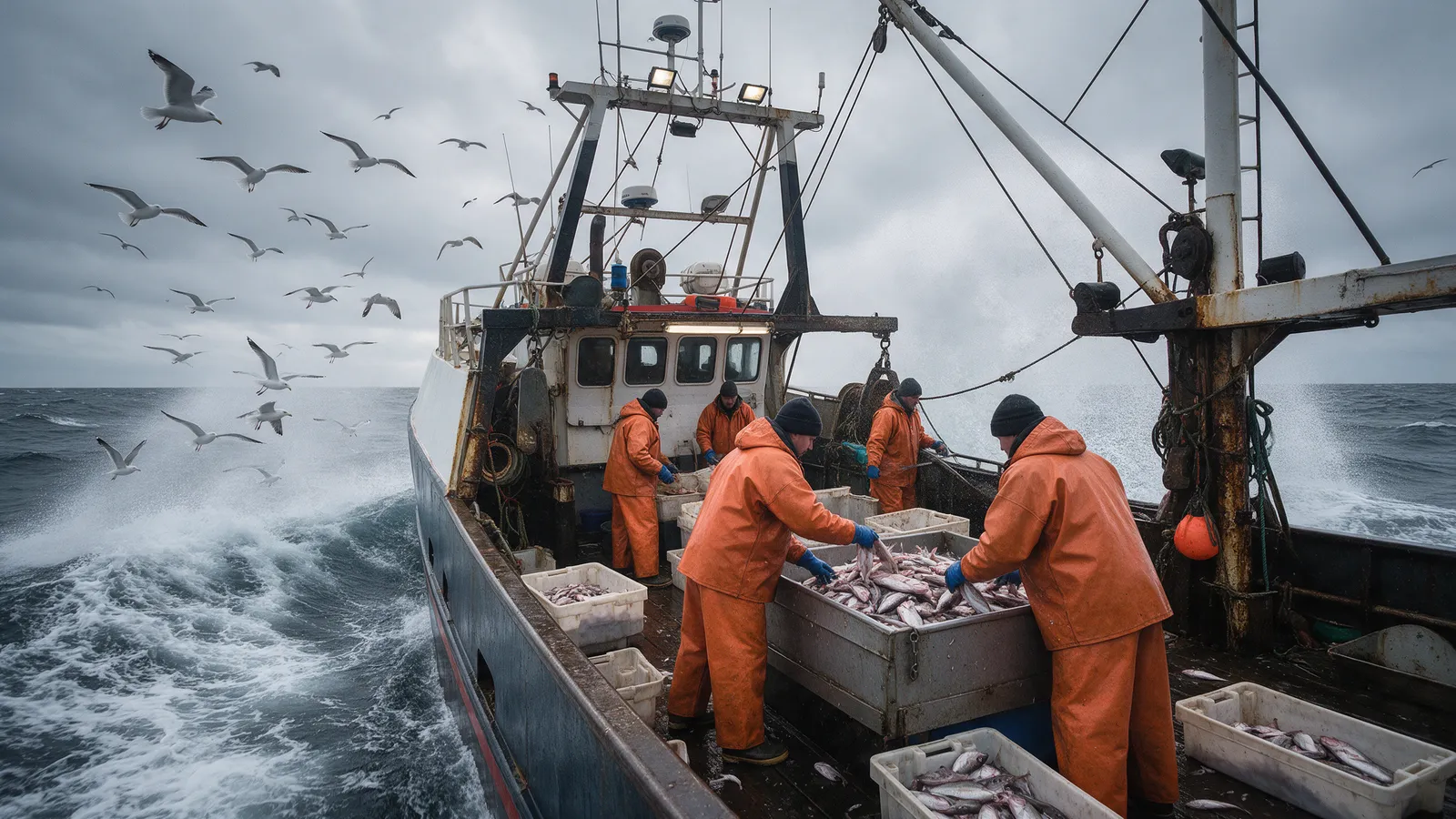 A fishing trawler at sea in grey northern waters with gulls following, a crew on deck sorting the catch