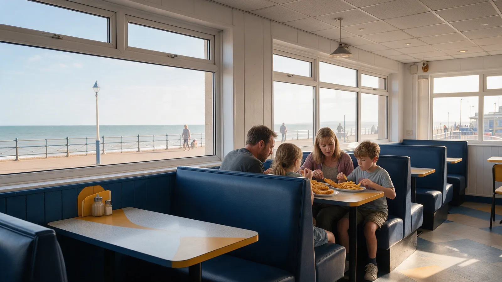 The sit-in café of a seaside fish and chip shop with navy booths, formica tables and big windows onto the promenade and the sea, a family eating fish and chips