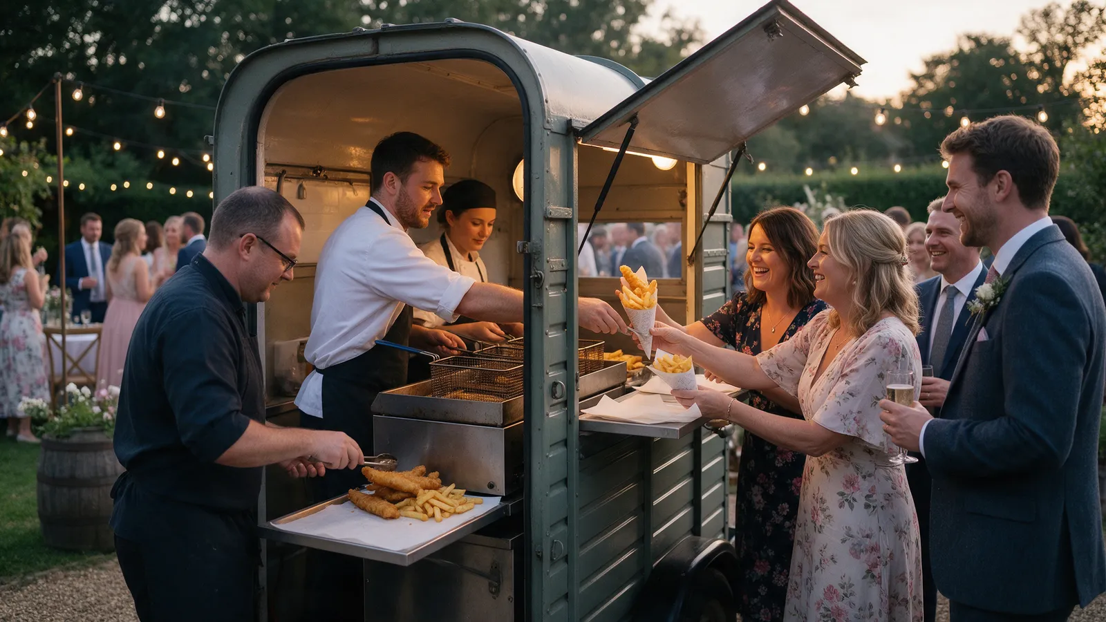 A small catering van with a frying range serving fish and chips in paper cones to guests at an evening wedding party in a garden with festoon lights