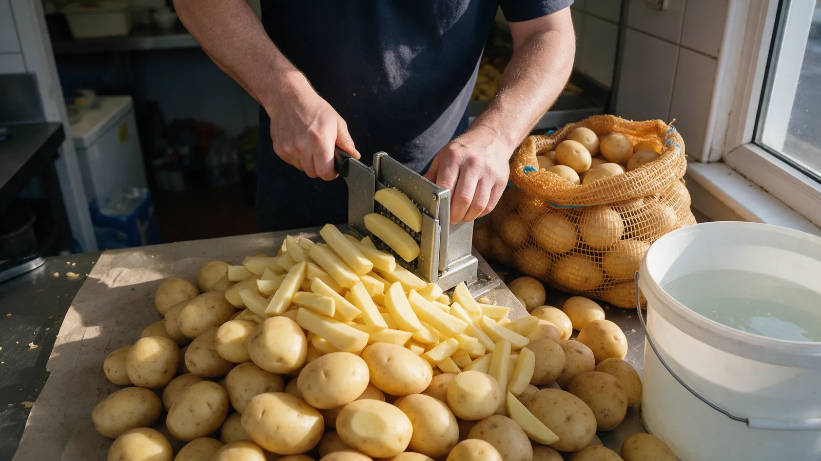 Freshly peeled potatoes being cut into thick chips with a chip cutter, a sack of potatoes and a bucket of water beside