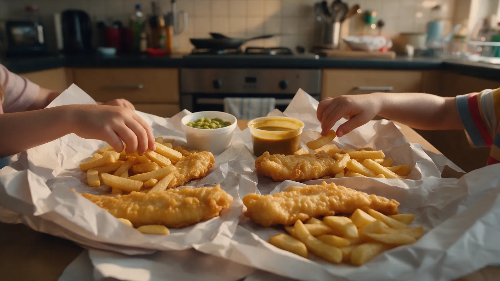 A family fish and chips takeaway unwrapped on a kitchen table at home, four portions on open white paper, mushy peas and curry sauce, children's hands reaching in