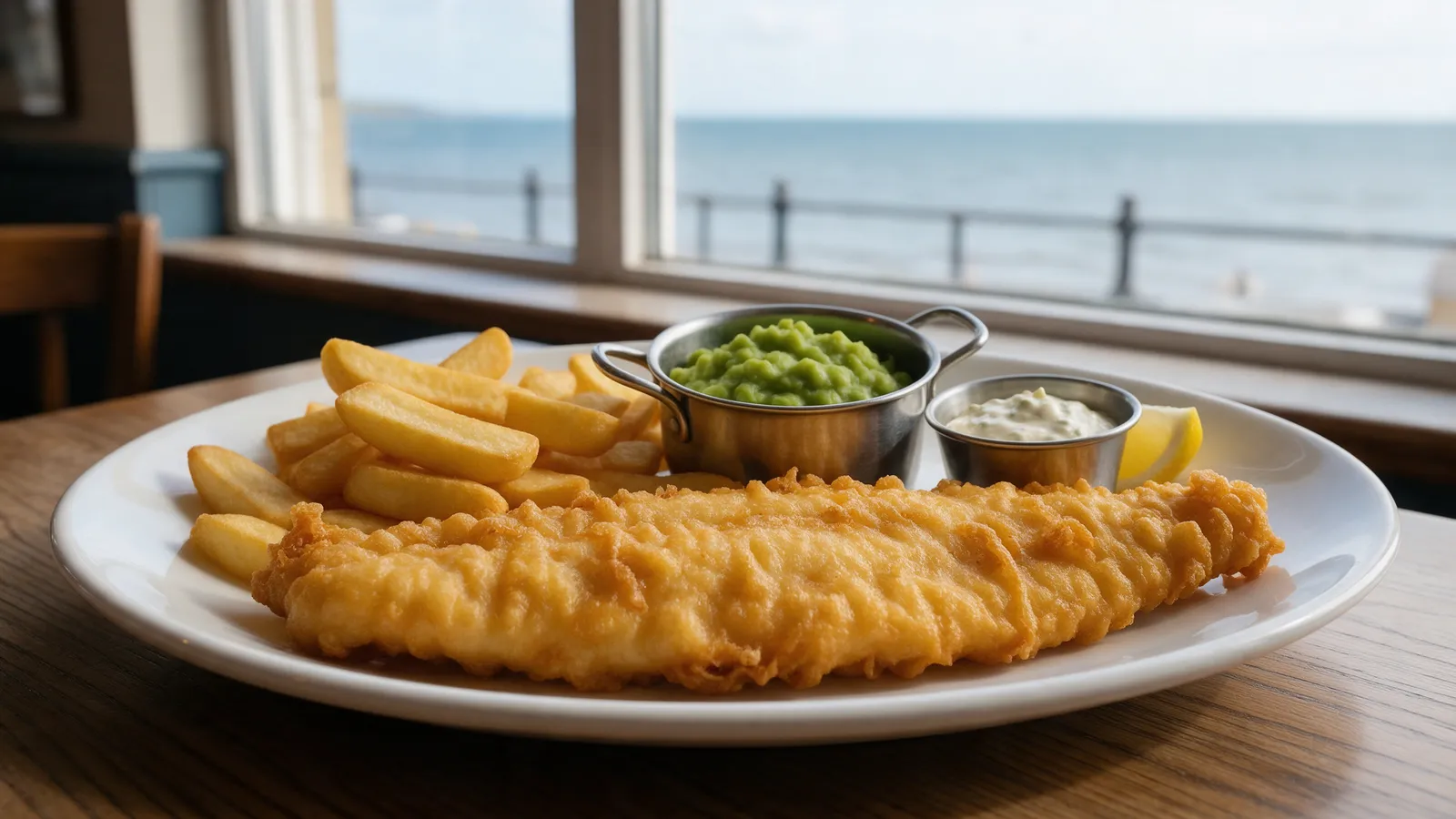 A plate of fish and chips: a large golden battered haddock fillet, thick-cut chips, mushy peas, a lemon wedge and tartare on a white plate by a café window with the sea beyond