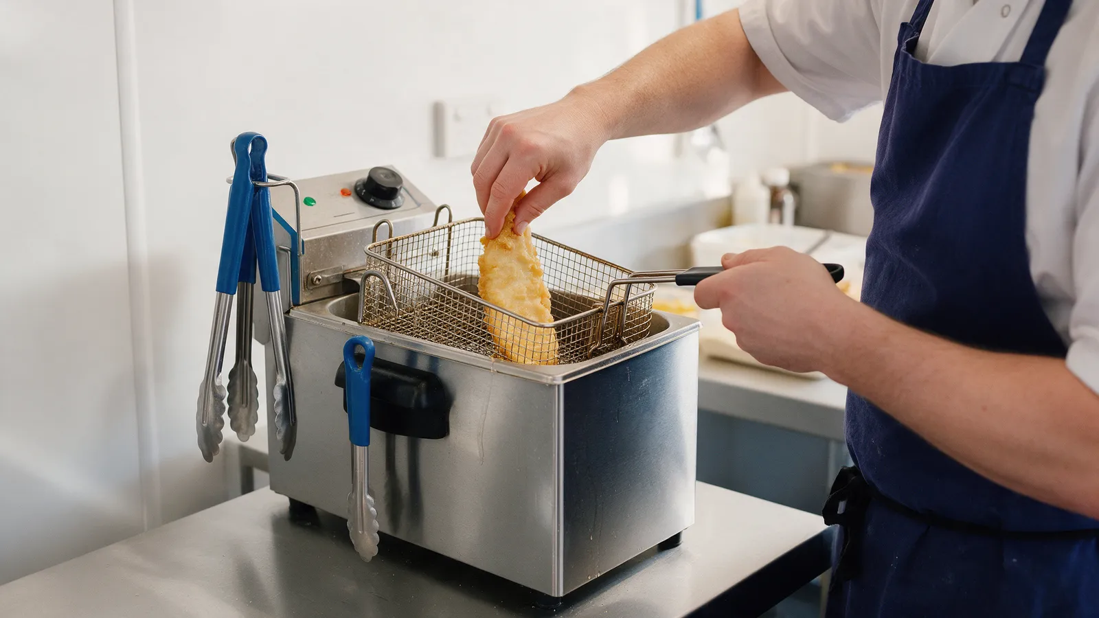 A separate small stainless steel fryer in a fish and chip shop kitchen, a cook lowering a basket with a battered fillet, blue-handled utensils hanging beside