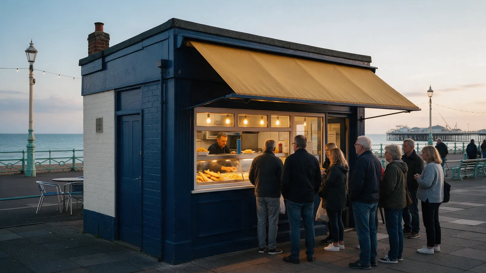 A navy blue fish and chip shop front with a mustard awning on the Penarth seafront at dusk, people queuing, the pier beyond