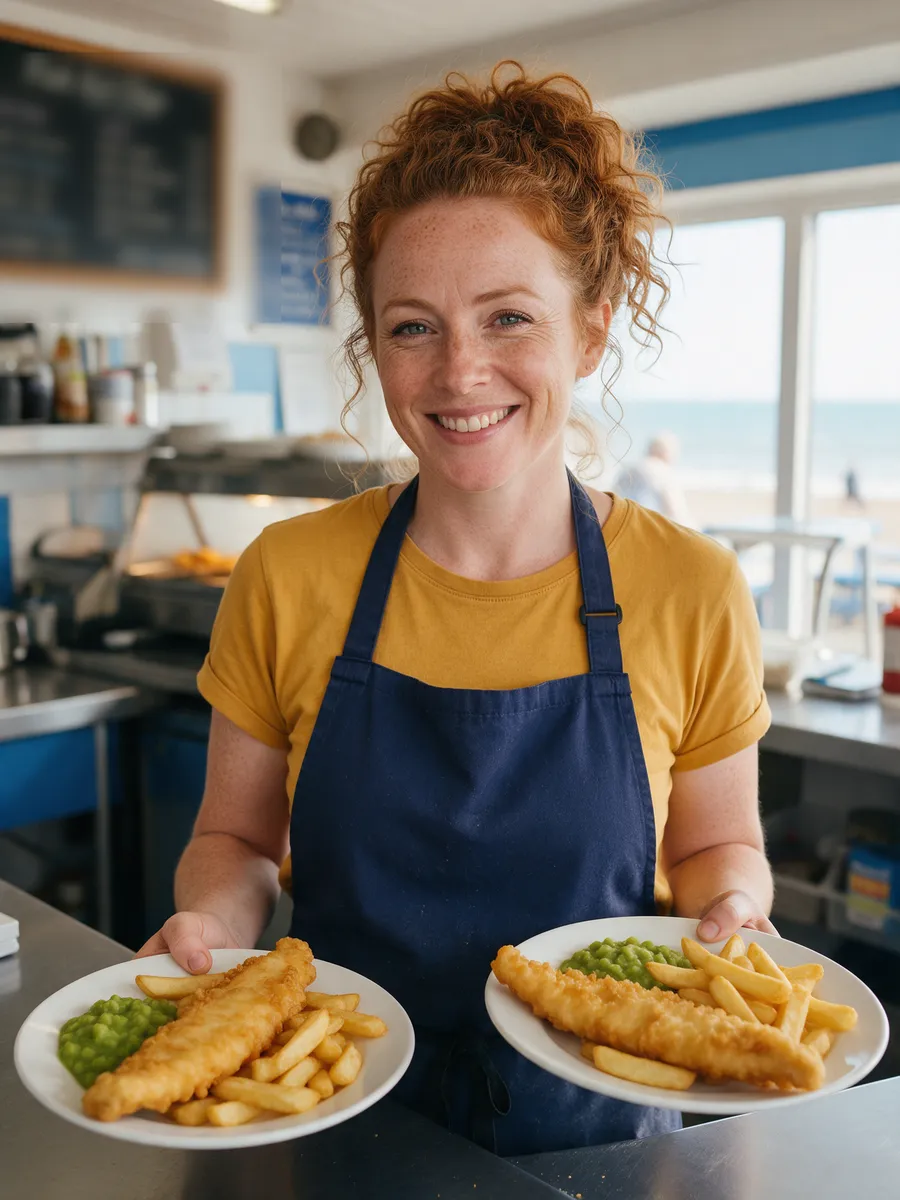 Lowri Evans, a woman in her late thirties with curly auburn hair tied up and freckles, in a mustard t-shirt and navy apron, holding two plates of fish and chips at a café counter