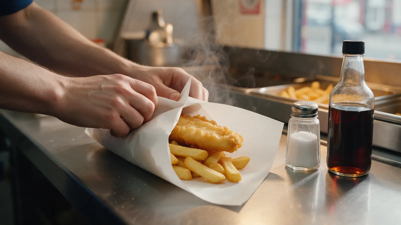Hands wrapping a portion of fish and chips in white paper on a stainless steel counter, a salt shaker and a vinegar bottle beside, steam rising