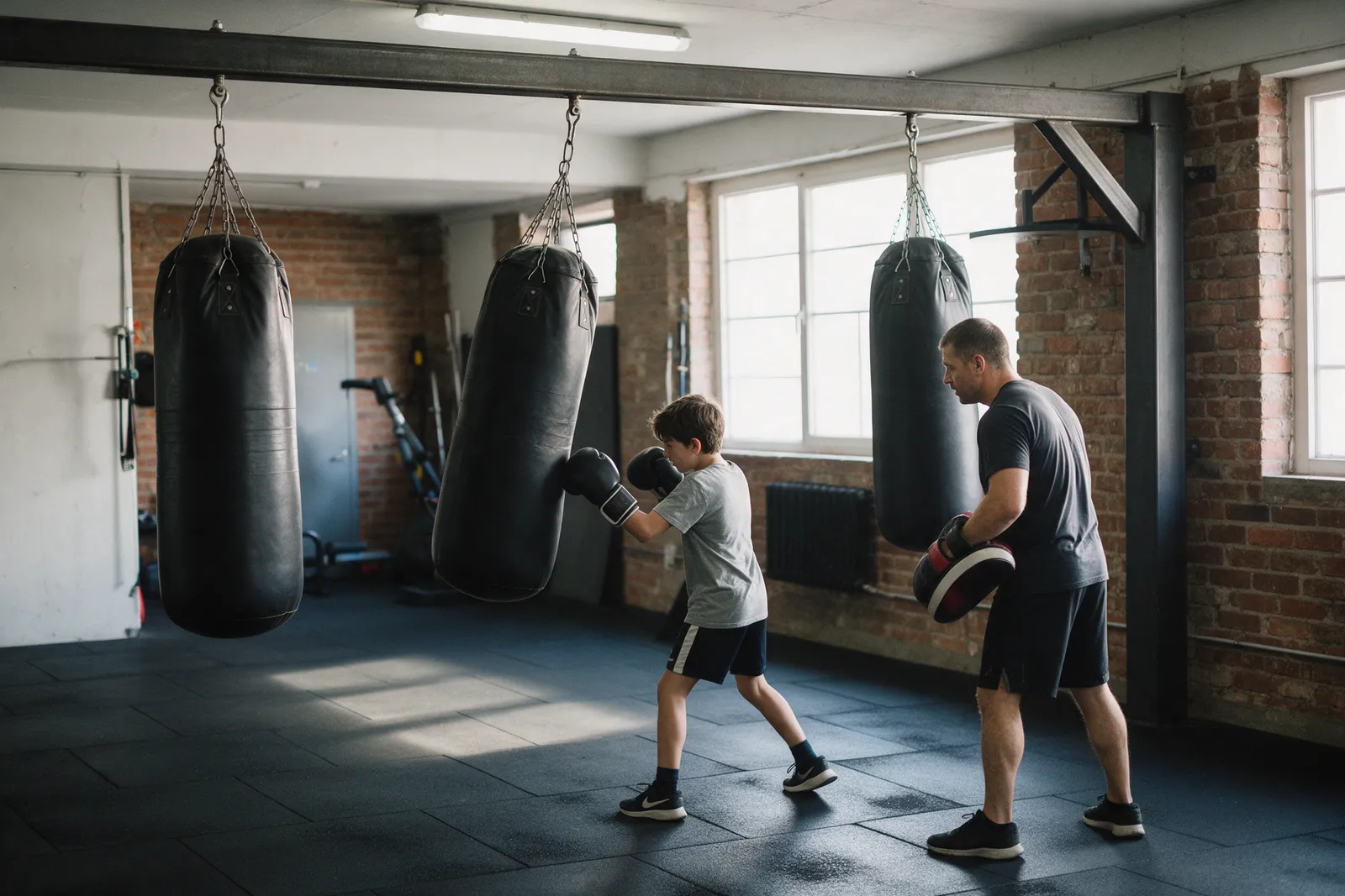 A boxing corner in a gym with three heavy bags hanging from a steel beam, a teenager in gloves hitting one while a coach holds pads nearby